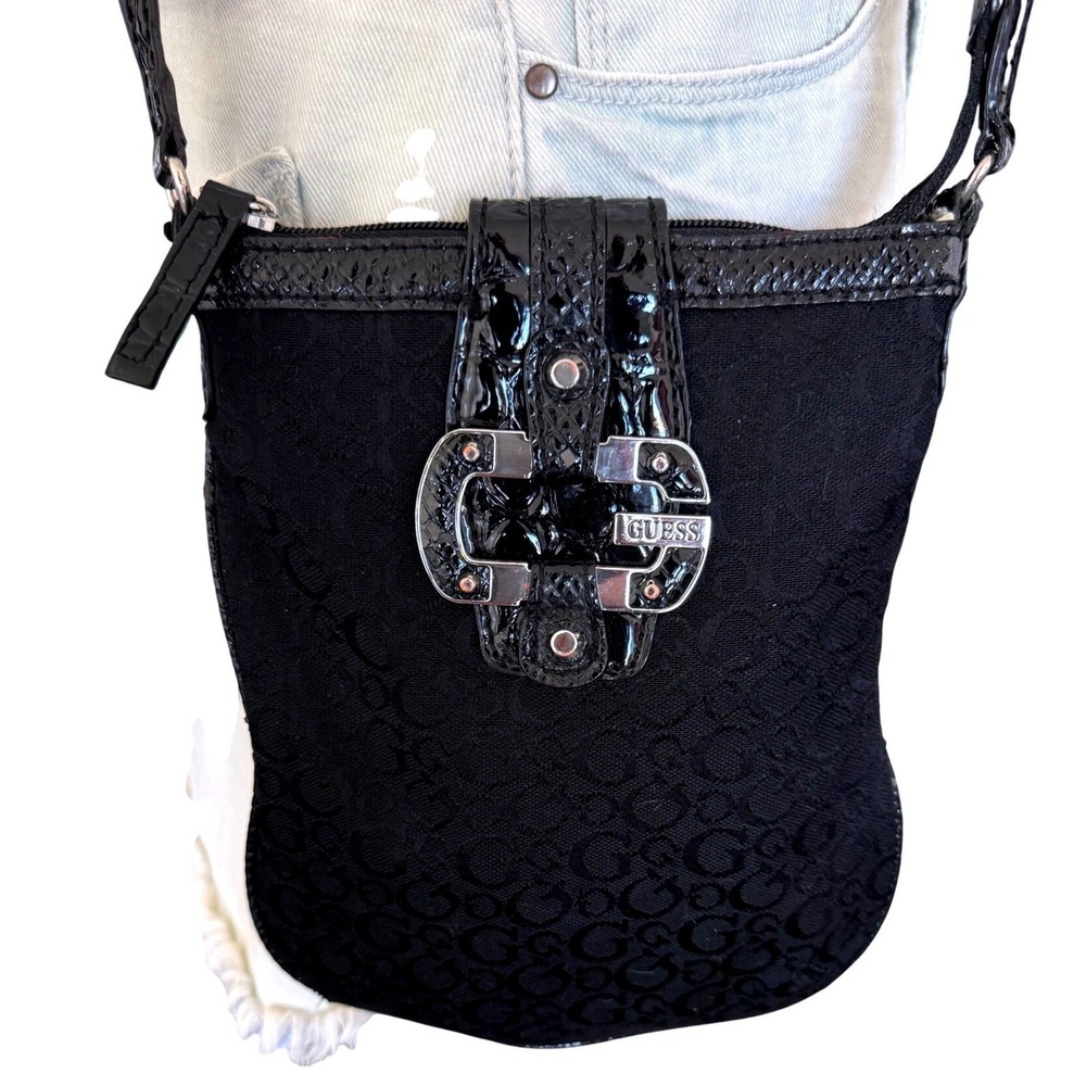 Guess Crossbody Bag Black Patent Snakeskin Trim Monogram Purse Y2K Small
